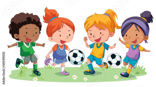 Young children enthusiastically playing soccer on a grassy field.