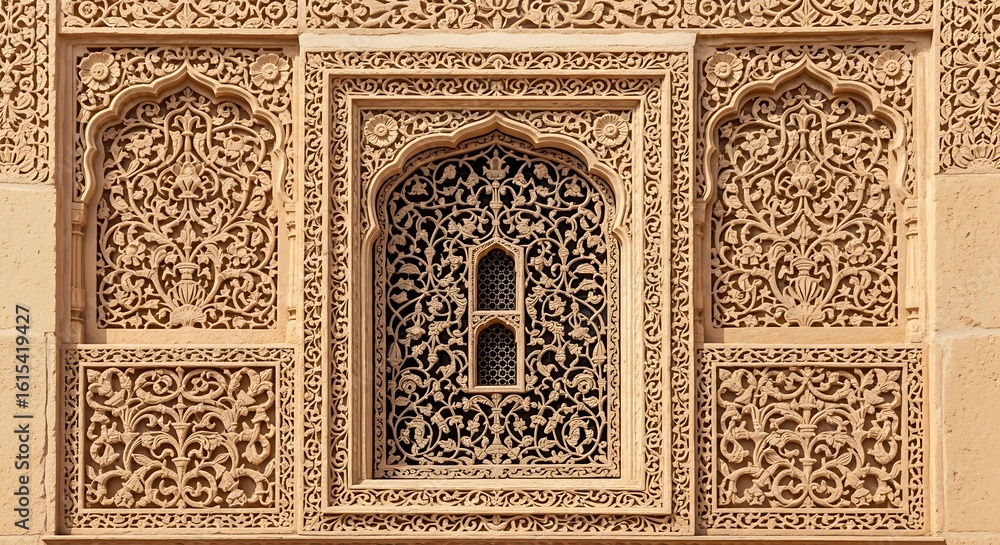 Intricate sandstone carving showcasing traditional Indian architectural detail and craftsmanship