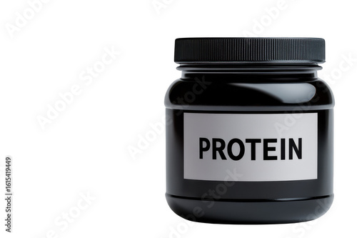 Black plastic jar with white label saying protein on transparent background, ideal for fitness and nutrition projects
