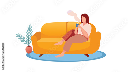 Woman relaxing on a yellow couch with a steaming beverage next to a potted plant on a blue rug