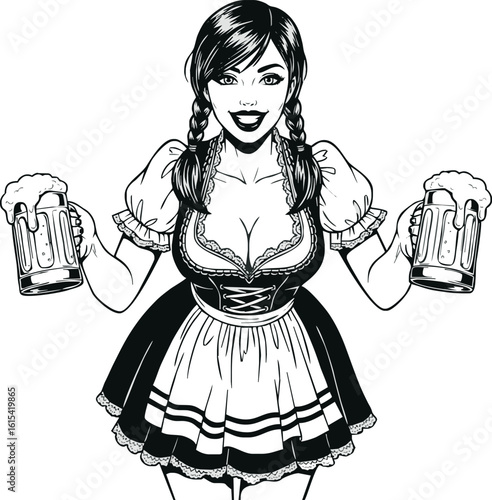 A cheerful woman in a traditional dirndl dress smiles while holding two overflowing beer steins, depicted in a black and white illustration.