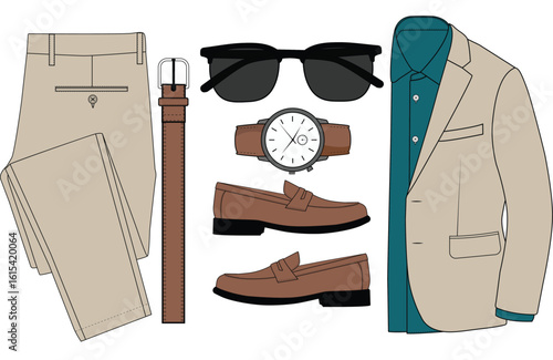 Elegant Male Outfit Collection - Blazer, Loafers, Trousers, and Accessories vector Illustration	