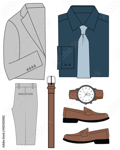 Elegant Male Outfit Collection - Blazer, Loafers, Trousers, and Accessories vector Illustration	