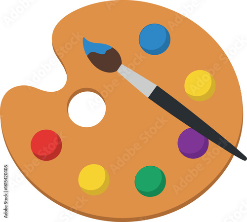 Artistic Wooden Palette with Paintbrush and Vibrant Colors Illustration