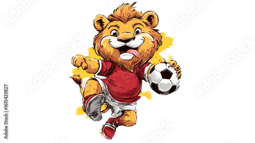 A cheerful lion mascot playfully holding a soccer ball.