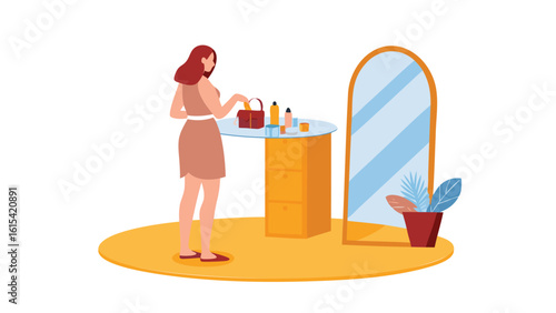 A woman in a dress stands at a vanity with makeup and a purse next to a mirror and potted plant