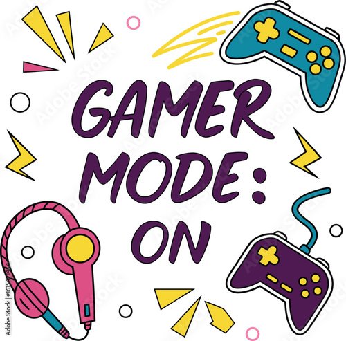 Gamer Mode On Typography with Game Controllers and Headphones Vector Illustration Colorful Gaming Design
