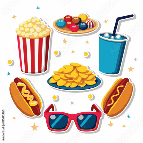 Vector Stickers of Popcorn, Soda, Candy and Nachos ? Cartoon Cinema Snack Icons (1).eps