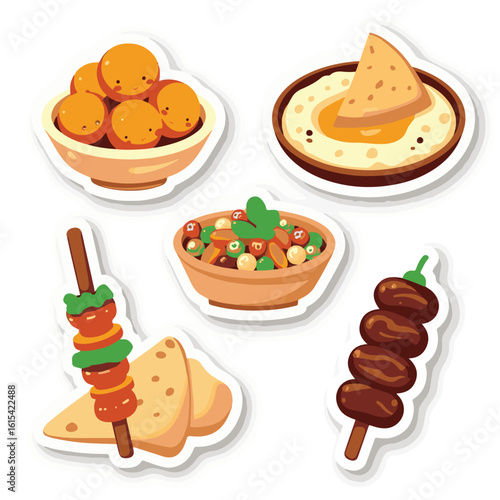 Vector Stickers of Falafel, Hummus, Pita, Kebab and Tabbouleh ? Middle Eastern Food Icons (1).eps