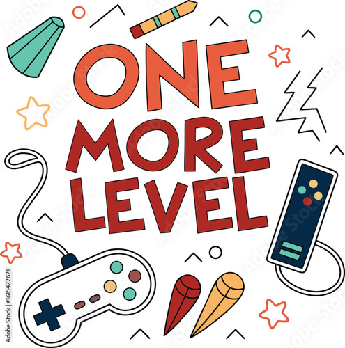 One More Level Hand-Drawn Gaming Typography with Retro Controllers Progress Bar Arcade Doodles Vector Illustration for Motivational Game Design