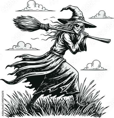 A grim-faced witch, astride a broomstick, flies swiftly across a grassy field under a cloudy sky.