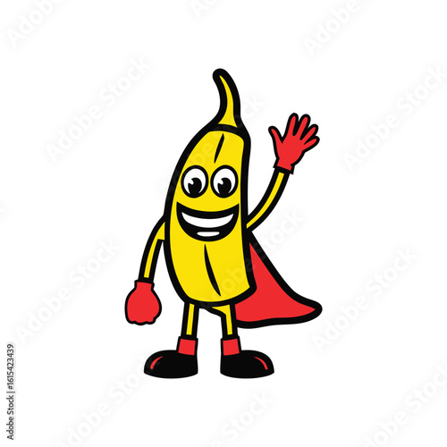 Banana Superhero Character Smiling and Waving Art