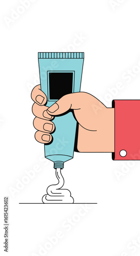 Hand squeezing a light blue tube dispensing white cream onto a surface creating a smooth swirl effect in a minimalist illustration style
