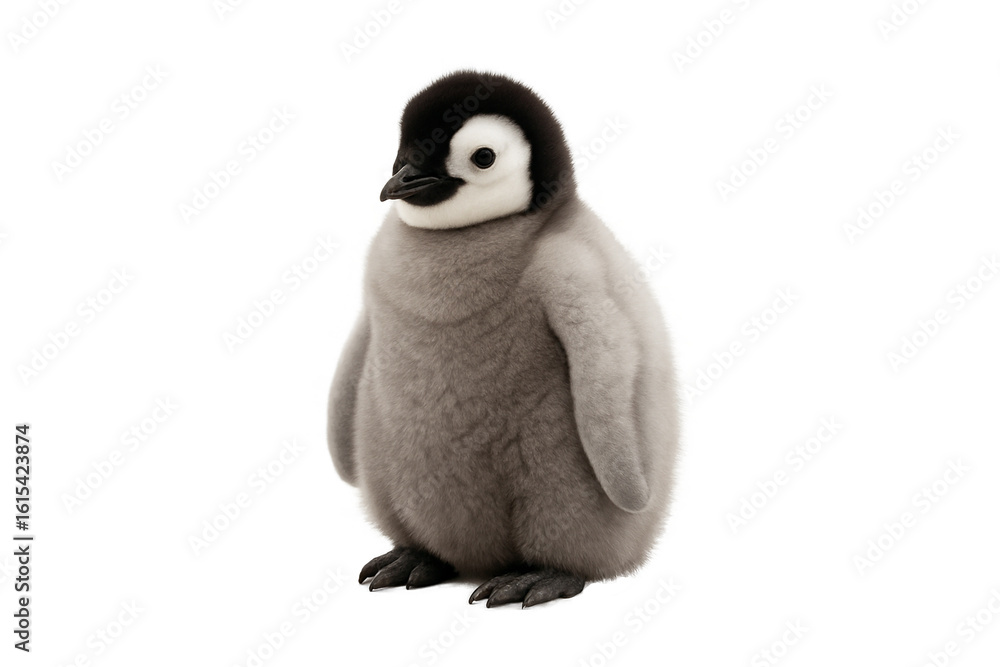 Obraz premium Cute fluffy baby penguin standing on white background. Perfect for wildlife and nature-themed content.