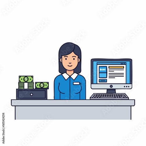 Vector SVG Illustration of Businesswoman with Computer and Cash for Financial Banking Flat Design