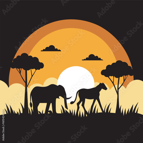 Safari Animals Walking At Sunrise Silhouette