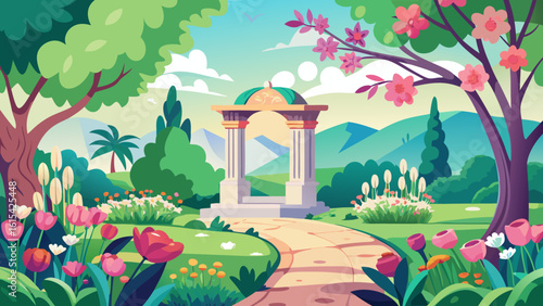Vector art of a scenic garden path leads through blooming trees and flowers to a classical gazebo
