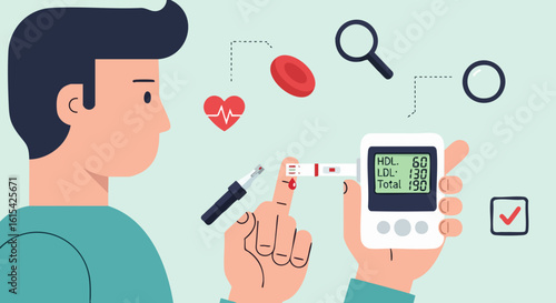 Minimalist Vector SVG Illustration of Blood Glucose Testing with Man and Medical Devices in Flat Style for Healthcare Design