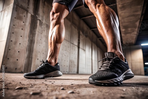 Close-up of muscular legs in black athletic shoes with white soles, standing in indoor concrete space under shadowed light, highlighting power