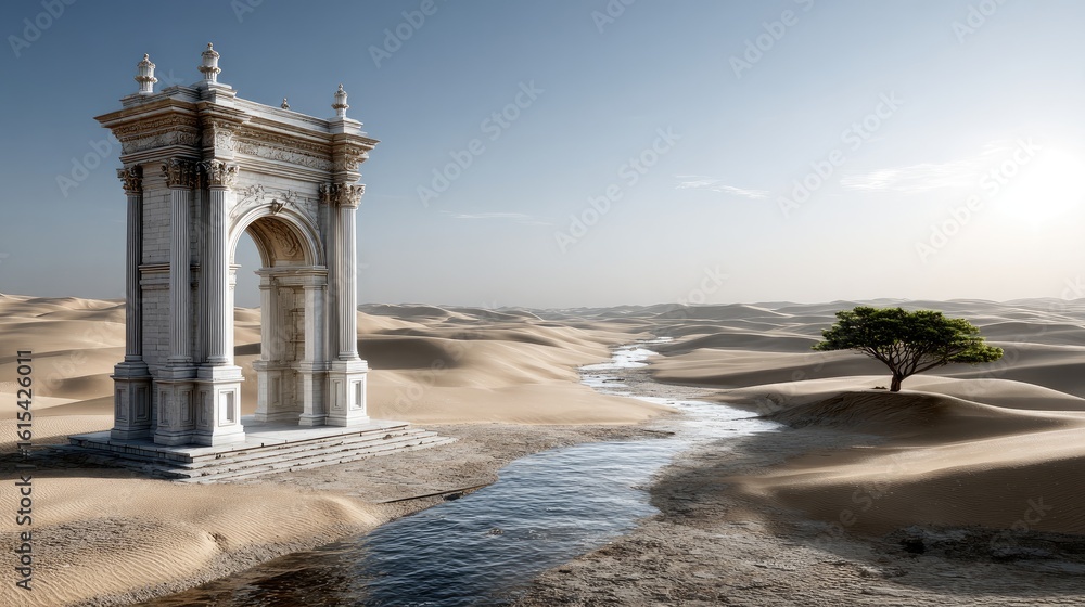 Naklejka premium Golden sunlight glows through the Roman arch in the desert, creating a stunning ambiance as twilight enhances the serene beauty