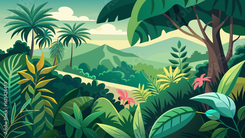 Vector art of a dense and vibrant tropical jungle landscape with lush foliage, towering trees, and distant mountains under a soft sky