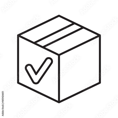 Confirmed delivery icon with a package box and checkmark representing successful shipping completed order and received parcel service line vector stroke