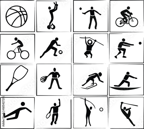 Dynamic vector silhouettes of people engaged in various sports, including running, basketball, football, tennis, yoga, and dance, form a comprehensive fitness icon set