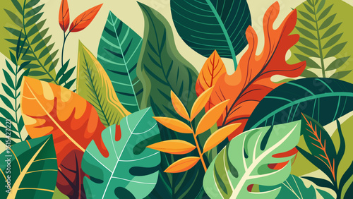 Vector art of a lively arrangement of tropical leaves in shades of green, orange, and yellow creates a dense and vibrant natural pattern