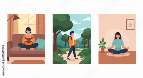 Vector SVG Illustration Set of People Engaged in Meditation and Nature Scenes in Flat Modern Style with Soft Pastel Colors