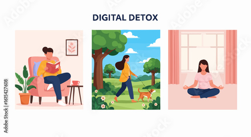 Minimalist Vector SVG Illustration Set of People Relaxing in Nature and Indoors in Modern Flat Style with Bright Colors for Digital Media