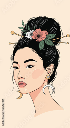 Elegant portrait of a woman with traditional asian hairstyle and delicate floral adornments