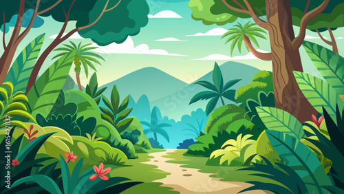 Vector art of a vibrant jungle path winds through lush tropical foliage towards distant mountains under a bright sky