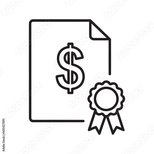 Financial certificate icon with a document dollar sign and ribbon seal representing a grant loan agreement or investment contract line vector stroke