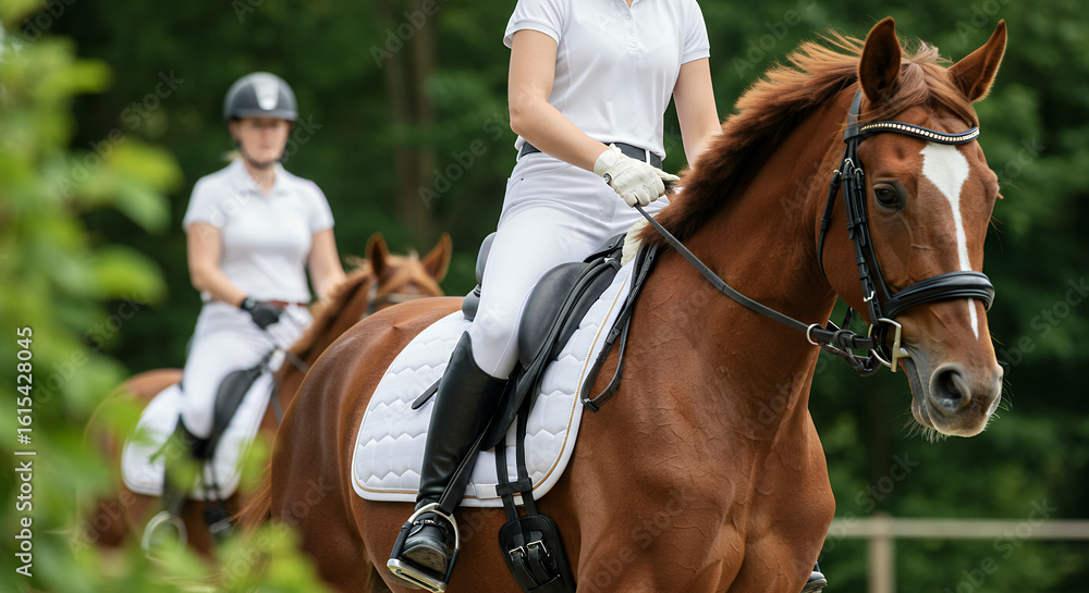 Obraz premium Two riders on horseback, showcasing elegance and skill in an outdoor setting. Perfect for equestrian, sport, and lifestyle themes.