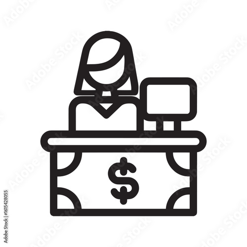 Cashier line icon. Female bank teller or shop assistant at a counter with a dollar sign. Vector illustration for payment, finance, and customer service.
