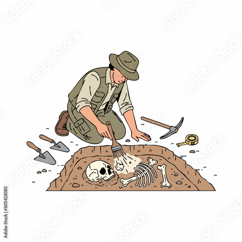 Illustration of Archaeologist Excavating Skeleton in Vector SVG Style with Flat Design and Earth Tones