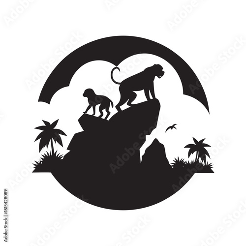 Baboon Troop Climbing Over Rocks Silhouette