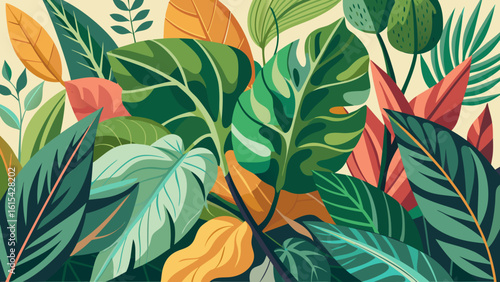 Vector art of a lush and vibrant collection of tropical leaves in various shades of green, yellow, and red