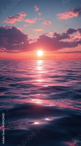 Ocean at Sunset with Pink Clouds Reflecting in Water