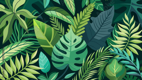 Vector art of a vibrant jungle of lush green tropical leaves creates a dense and exotic natural pattern