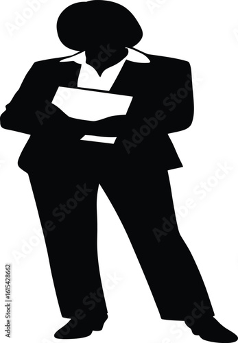 Confident businesswoman holding document, professional silhouette for corporate success and modern business concepts.