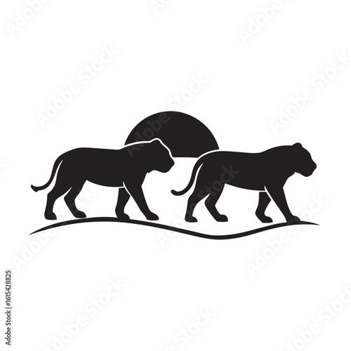 Lions Roaming Across Wide Savannah Silhouette