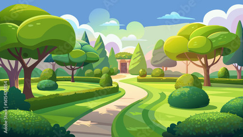 Vector art of a beautifully manicured garden path winds through lush green lawns, trees, and topiaries under a bright sky