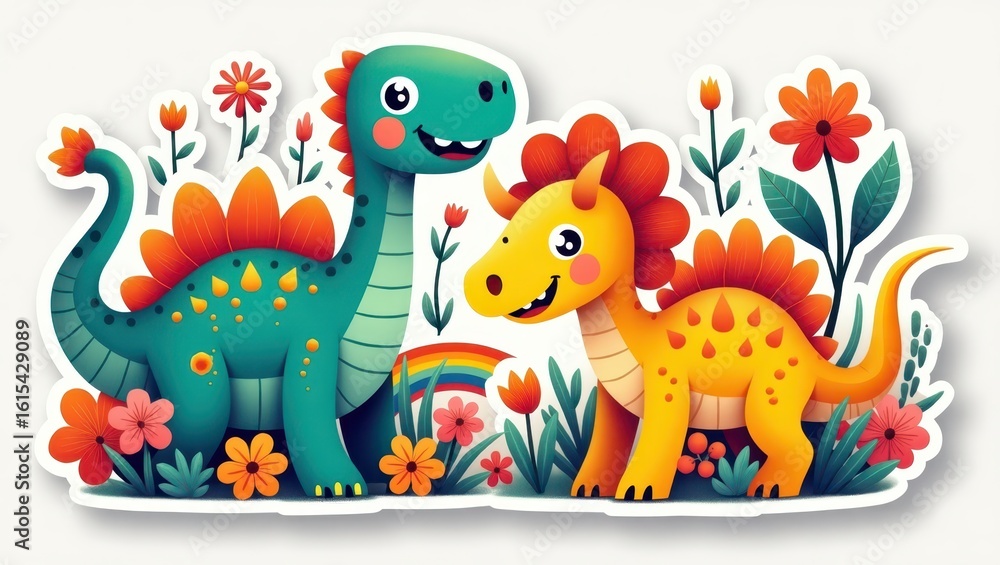 Fototapeta premium Two adorable dinosaurs in a flower garden.