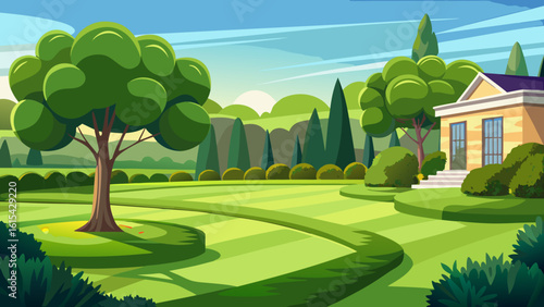 Vector art of a beautifully manicured suburban garden with a winding path leading to a charming house on a sunny day