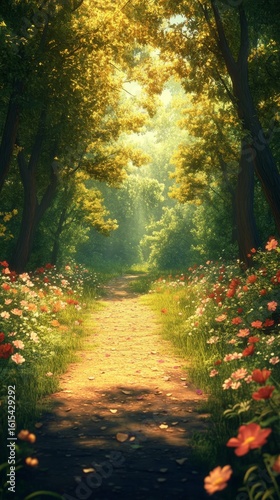 Walking Path Through Forest with Wildflowers and Sunlight