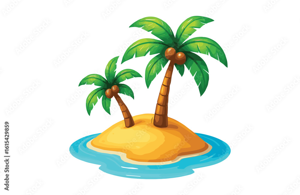Obraz premium Tropical Island Paradise A Cartoonish Depiction of Two Palm Trees on a Small Island Surrounded by Clear Blue Water