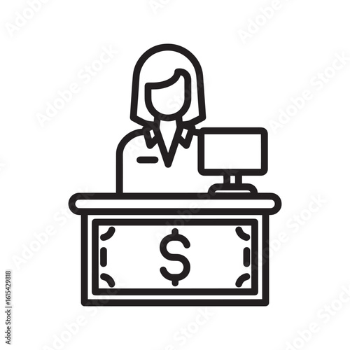 Cashier line icon. Female bank teller or shop assistant at a counter with a dollar sign. Vector illustration for payment, finance, and customer service.

