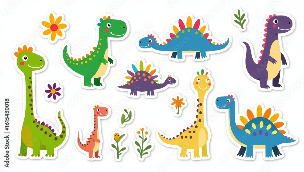 Fototapeta premium Colorful dinosaur stickers with flowers and plants.