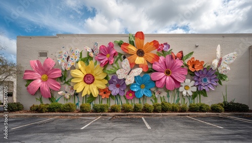 Vibrant floral mural adorns a light beige building exterior